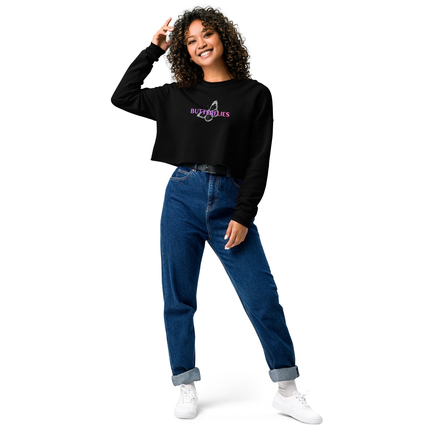 Whispers Of Wings Butterflies Women's Crop Sweatshirt - Black - FLAKOUT